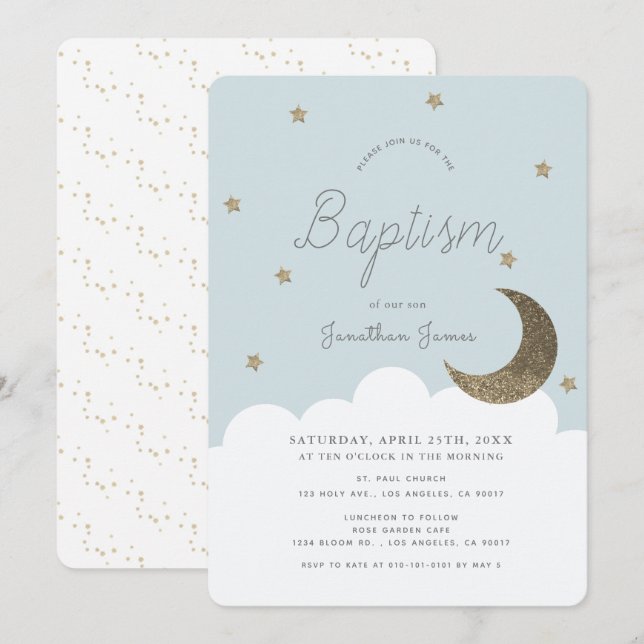 Convites Stars & Moon Baby Blue Boy Baptism (Frente/Verso)
