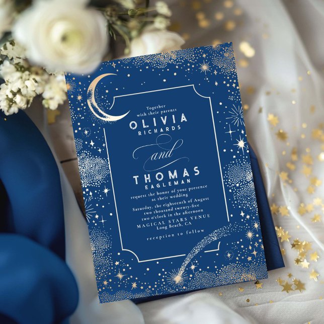 Convites Stars Moon Celestial Marinho Casamento Azul (Celestial Wedding Invitation Navy Blue and Gold Stars)