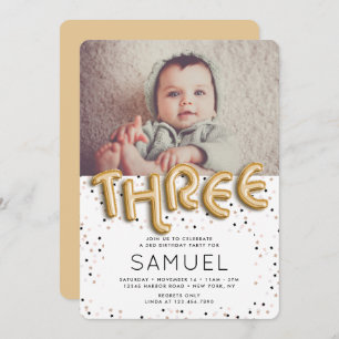 Convites Stars n Gold Foil Balloon Type aniversário de 3 an