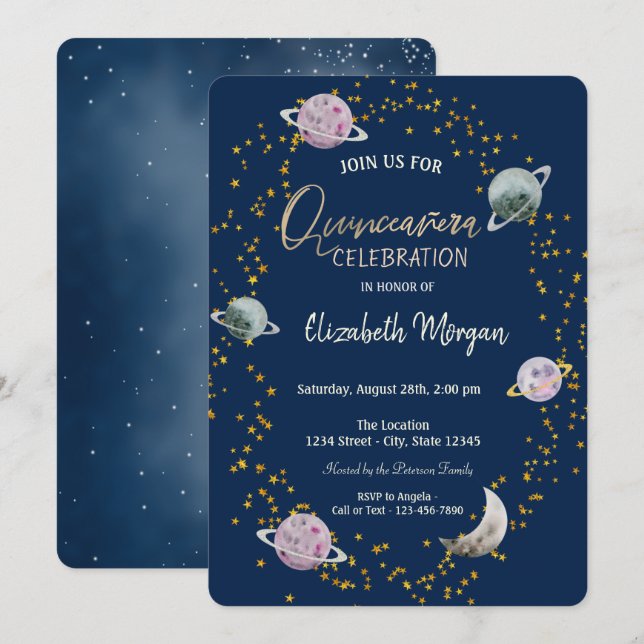 Convites Stars Planets Galaxy Blue Quinceañera (Frente/Verso)