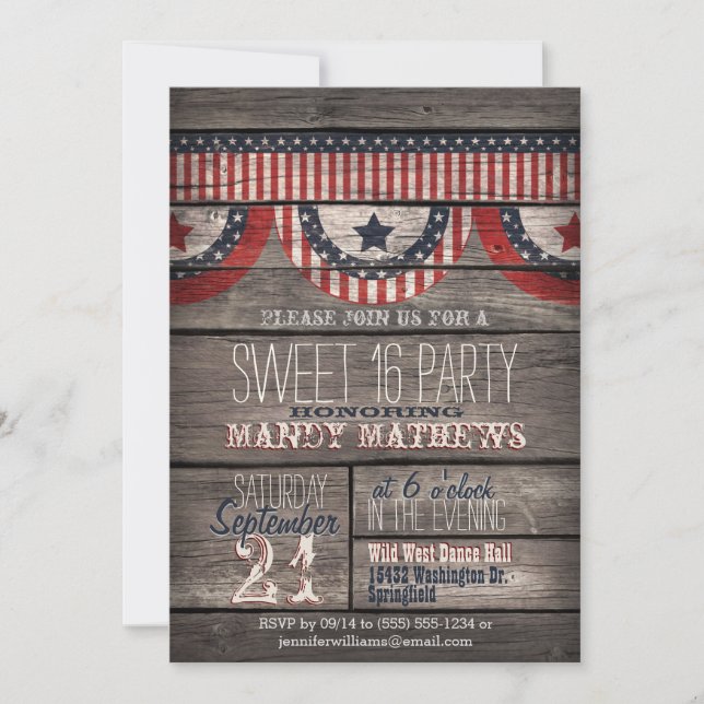 Convites Stars & Stripes no partido Rustic Wood Sweet 16 (Frente)