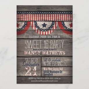 Convites Stars & Stripes no partido Rustic Wood Sweet 16