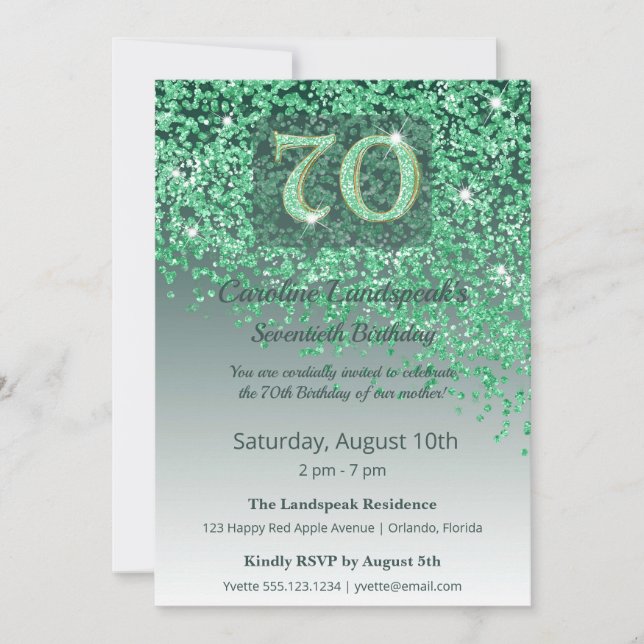 Convites Stately 70th Birthday Emerald Green Glitter (Frente)