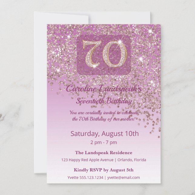 Convites Stately 70th Birthday Rose Gold Glitter (Frente)