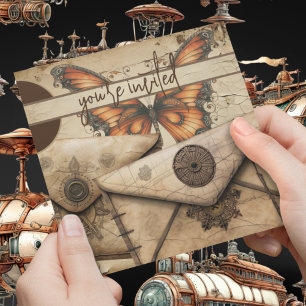 Convites Steampunk Borboleta Monarca Aniversário do cou