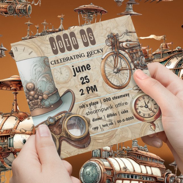 Convites Steampunk Goggles Bike Top Hlocks Party (Steampunk industrial whimsical customizable birthday party or special occasion invitation)