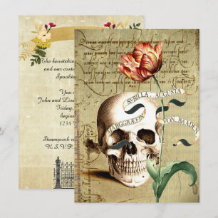 Convites Steampunk Skull Floral Halloween 4,5" x 6,25"