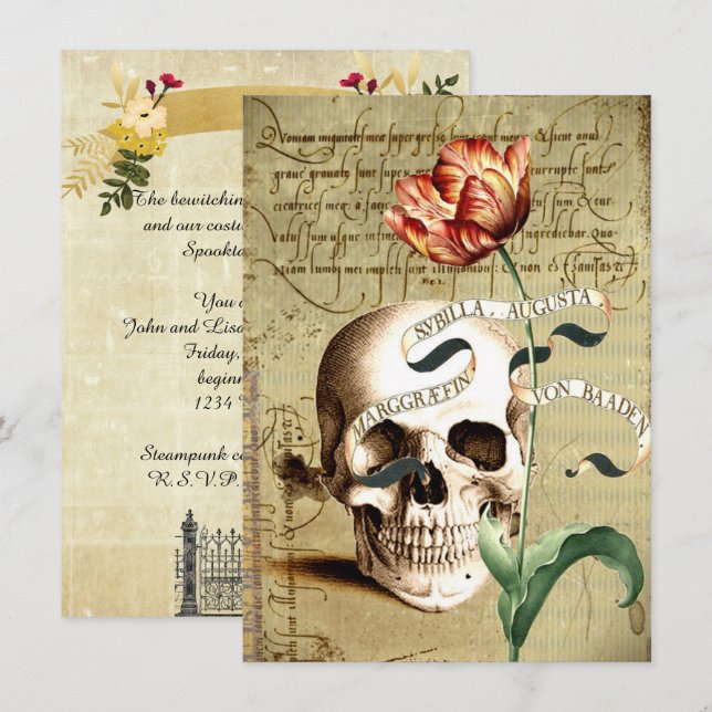 Convites Steampunk Skull Floral Halloween 4,5" x 6,25" (Frente/Verso)