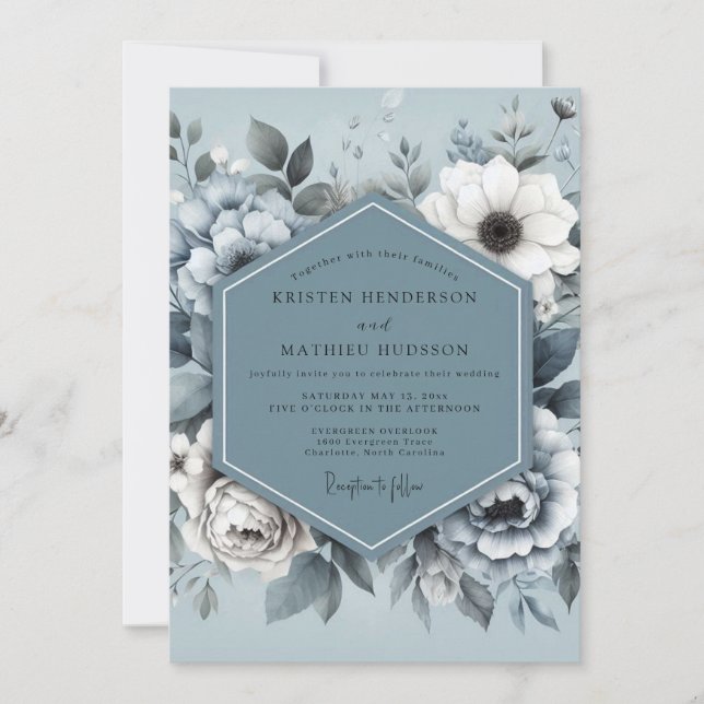 Convites Steel Blue Monotone Flora Wedding (Frente)