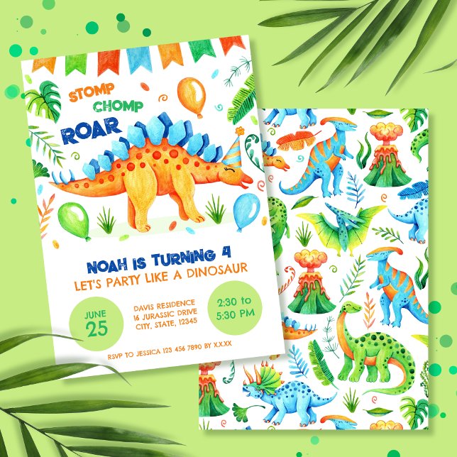 Convites Stegosaurus Stomp Chomp e Dinossauro Roar Aniversá (Party Like a Dinosaur Stegosaurus Boys Birthday Invitation)