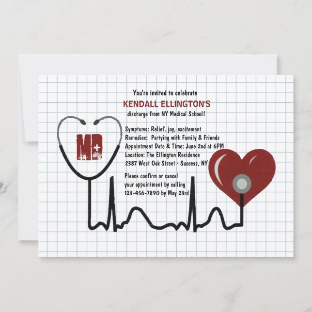 Convites Stethoscope and Heart Graduation Invitation (Frente)