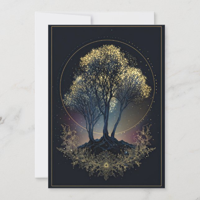 Convites Stippled Gold Celestial Tree Midnight Halo Wedding (Frente)