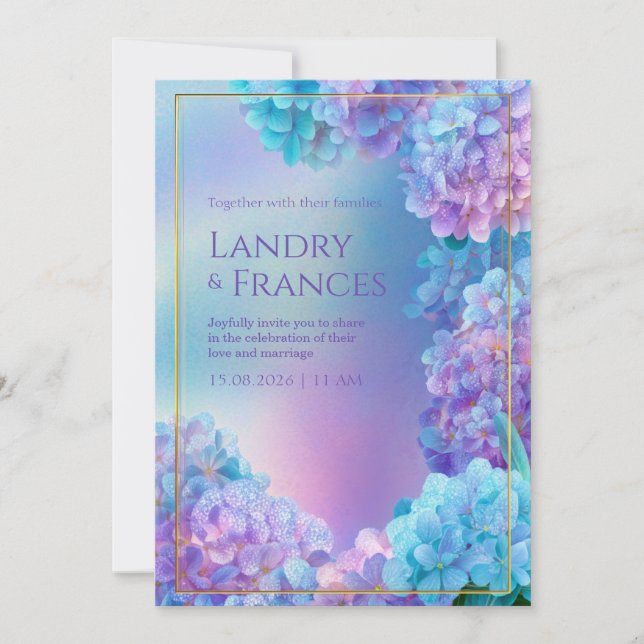 Convites Stippled Lavender Hydrangea Watercolor Gold Frame (Frente)