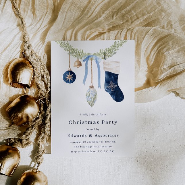 Convites Stocking & Wreath Modern Blue Christmas Party (Criador carregado)