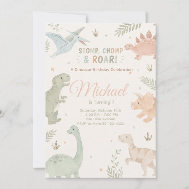 Convites Stomp Chomp And Roar Dinosaur Invitation Editable (Frente)