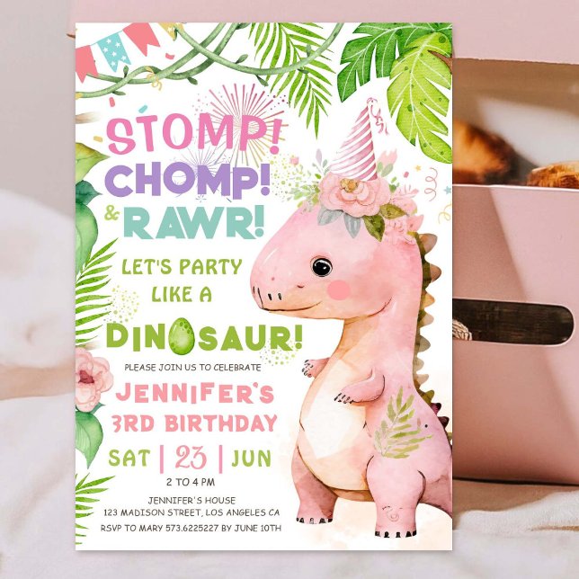 Convites Stomp Chomp Rawr! Aniversário de 3 anos de Dinossa (#DinosaurBirthdayInvitation #DinosaurBirthdayInvite #GirlDinosaurBirthdayInvitation
)