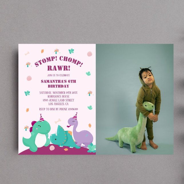 Convites Stomp Chomp Rawr Cute Pink Dinosaur Foto de Aniver (Criador carregado)