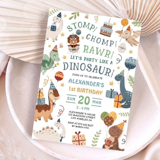 Convites Stomp Chomp Rawr Dinosaur 1st Birthday Party Boy (Criador carregado)