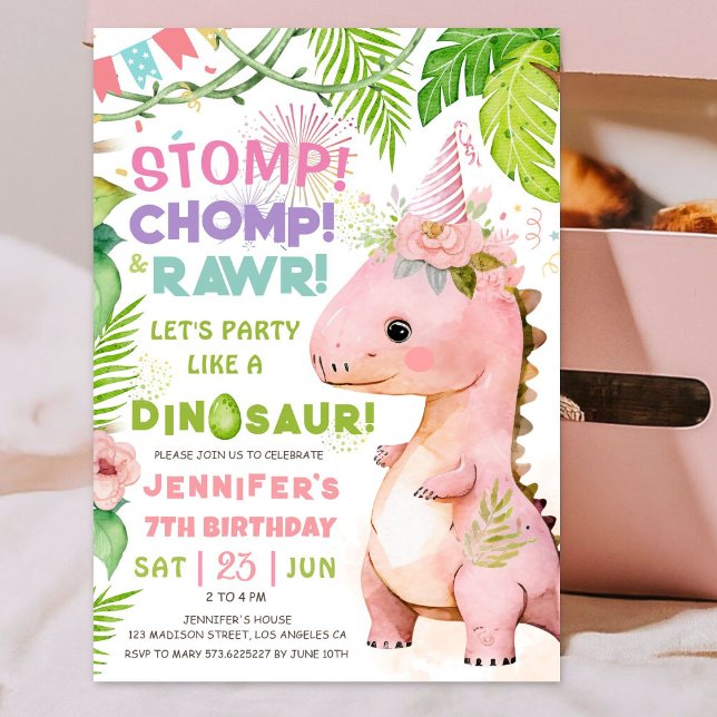 Convites Stomp Chomp Rawr! Dinossaur 7 Birthday Girl Pink (Criador carregado)