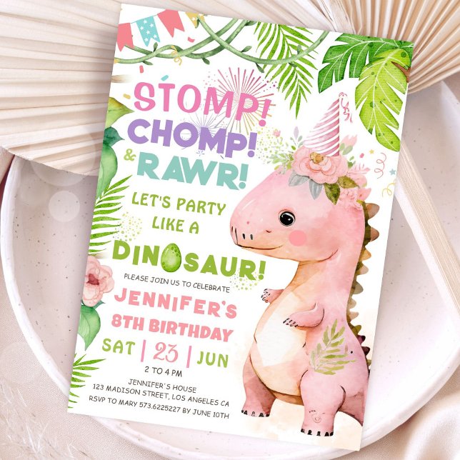 Convites Stomp Chomp Rawr! Dinossaur 8ª Festa de aniversári (#DinosaurBirthdayInvitation #DinosaurBirthdayInvite #GirlDinosaurBirthdayInvitation
)