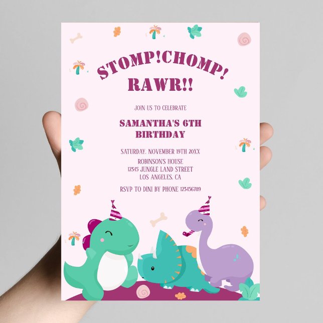 Convites Stomp Chomp Rawr Pink Dinossaur Cinto (Criador carregado)