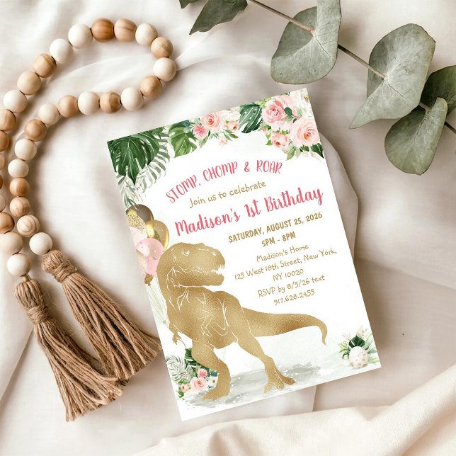 Convites Stomp, Chomp, Road Dinosaur Gold Pink Birthday (Criador carregado)