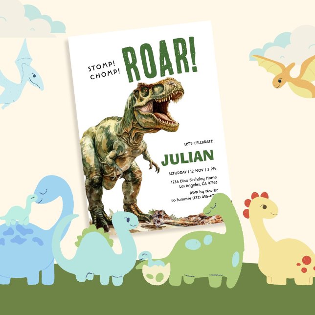 Convites Stomp Chomp Roam Tyrex Birthday (Criador carregado)