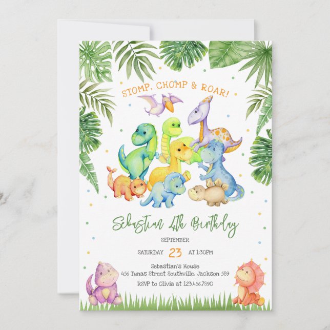 Convites Stomp Chomp Roar Dinosaur Birthday Invitation (Frente)