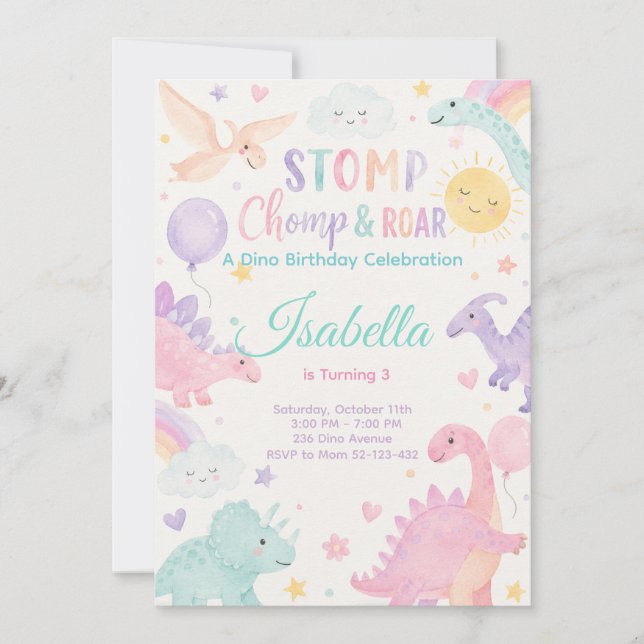 Convites Stomp Chomp & Roar Dinosaur Invitation Editable (Frente)