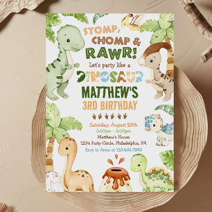 Convites Stomp Chomp Roar Dinossaur aniversário de 3 anos
