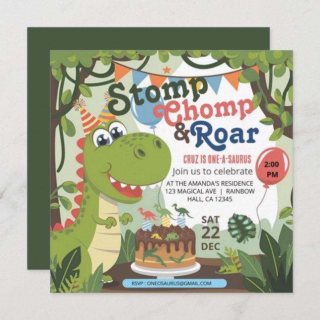 Convites Stomp Chomp Roar dinossauro um aniversário de saur (Frente/Verso)