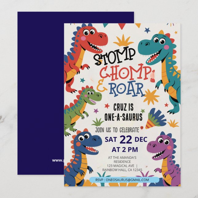 Convites Stomp Chomp Roar dinossauro um aniversário de saur (Frente/Verso)