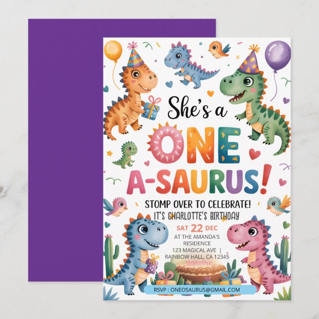 Convites Stomp Chomp Roar dinossauro um aniversário de saur (Frente/Verso)