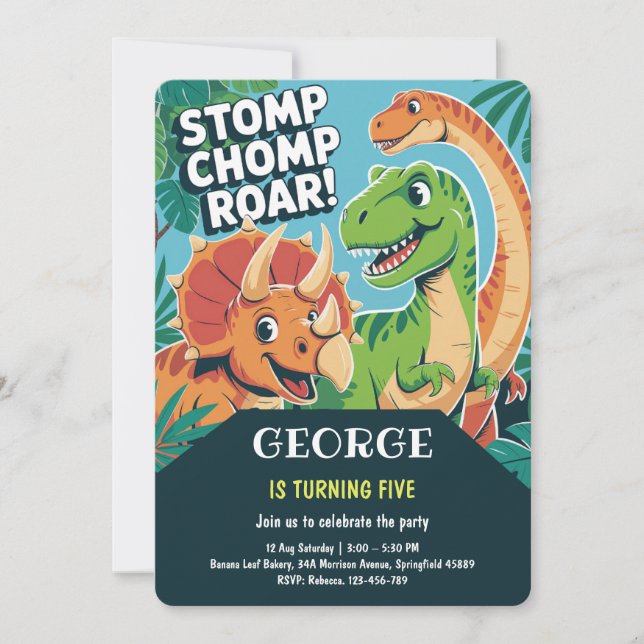 Convites Stomp Chomp Roar | Fun Cute Dinosaurs 5th Birthday (Frente)