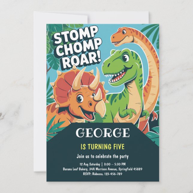 Convites Stomp Chomp Roar Fun Dinosaur 5th Birthday Party (Frente)