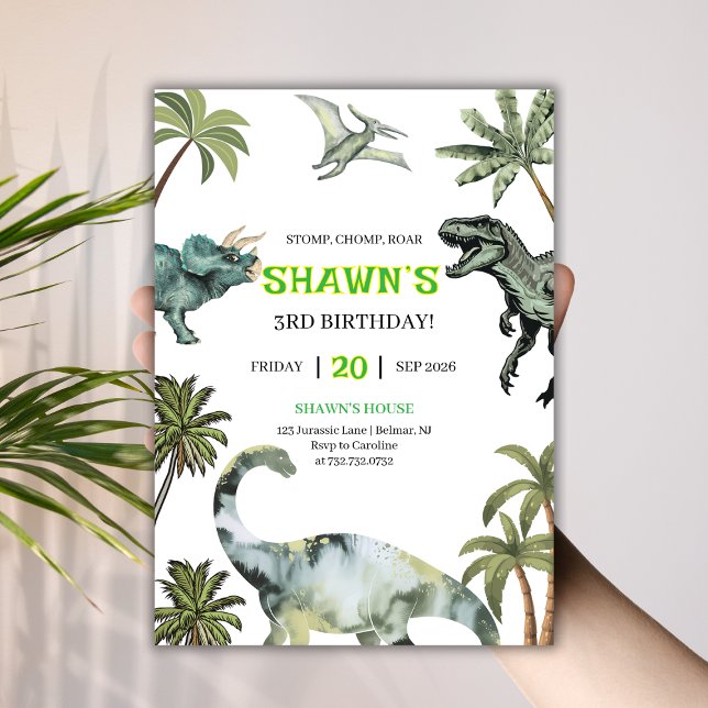 Convites Stomp, Chomp, Roar! Partido aniversário de 3 anos  (Stomp, Chomp, Roar! Dinosaur 3rd Birthday Party Invitation
)