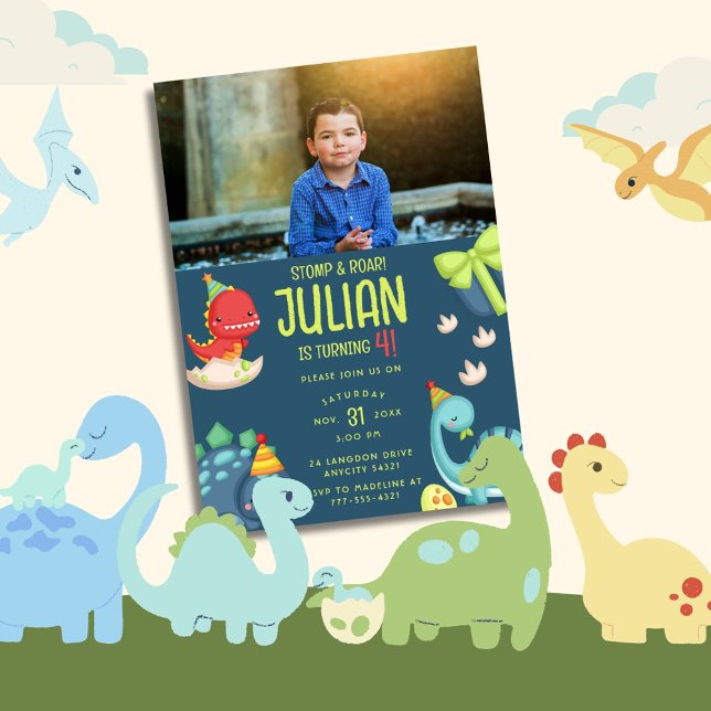 Convites STOMP & ROAR Virando 4 dinossauros Aniversário (Criador carregado)