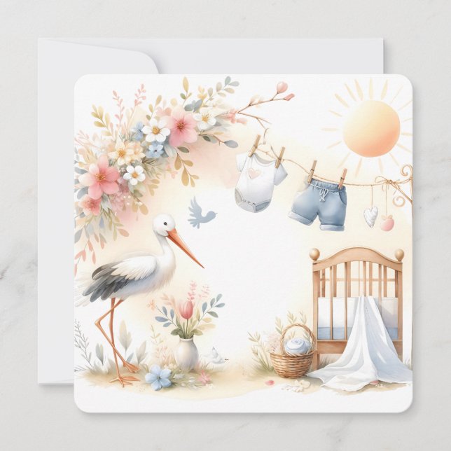 Convites Stork and Baby Clothes Soft Pastel Baby Background (Frente)