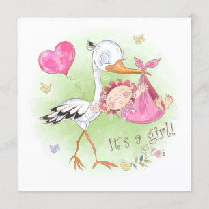 Convites *~* Stork Baby Girl Heart Flowers Chá de fraldas