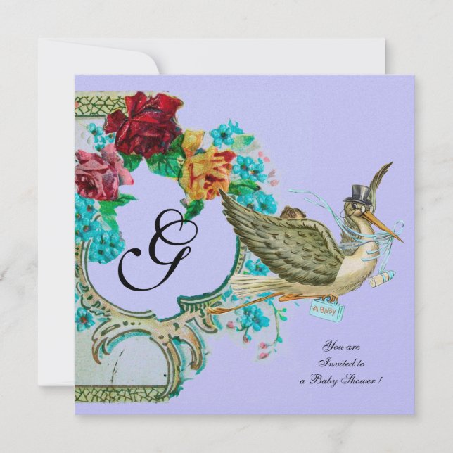 Convites STORK CHÁ DE FRALDAS 3 MONOGRAM champanhe branco (Frente)