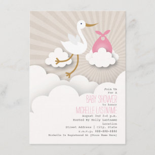 Convites Stork + Chá de fraldas de nuvens - Rosa