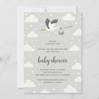 Convites Stork illustration boy baby shower invitation
