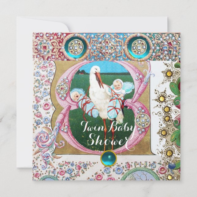 CONVITES STORK TWIN BOYS CHÁ DE FRALDAS, GEMSTONAS FLORAIS (Frente)