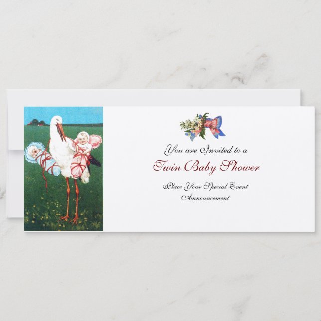 Convites STORK TWIN CHÁ DE FRALDAS, champanhe metálico (Frente)