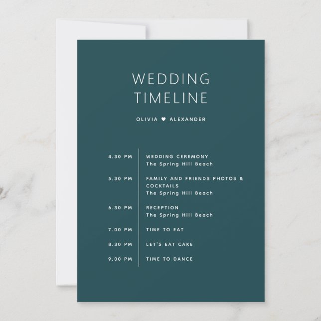 Convites Stormy Teal Wedding Timeline | Elegant Schedule (Verso)