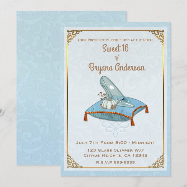 Convites Storybook Cinderella Glass Slipper Festa Doce 16 (Frente/Verso)