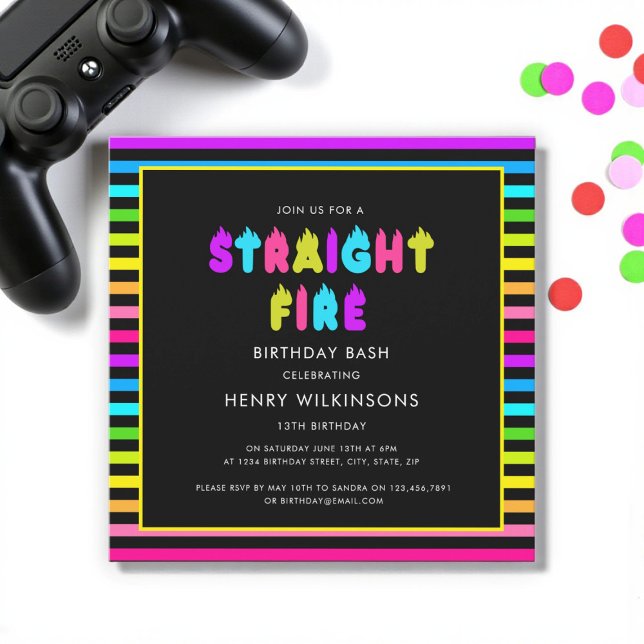 Convites Straight fire neon teen boys birthday  (Criador carregado)