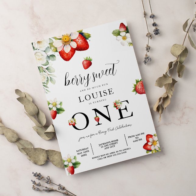 Convites Strawberry 1st Birthday Party Berry First  (Criador carregado)