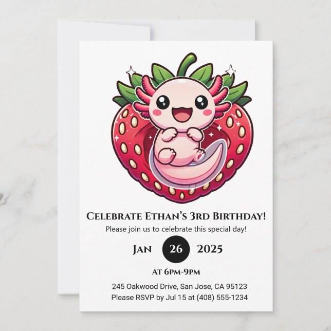 Convites Strawberry Axolotl Joy Birthday (Frente)