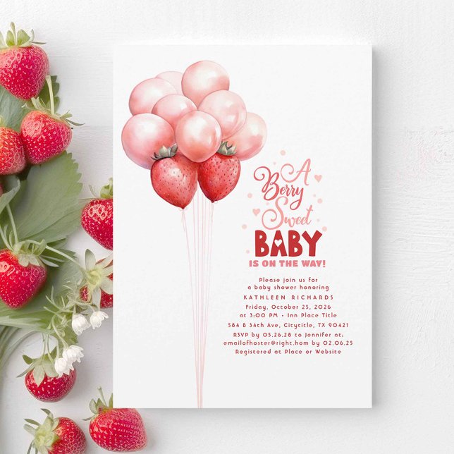 Convites Strawberry Balloons Berry Sweet Chá de fraldas (A Berry Sweet Baby Is On The Way! Cute Strawberry Theme Baby Shower Invitations in Pink and Red)